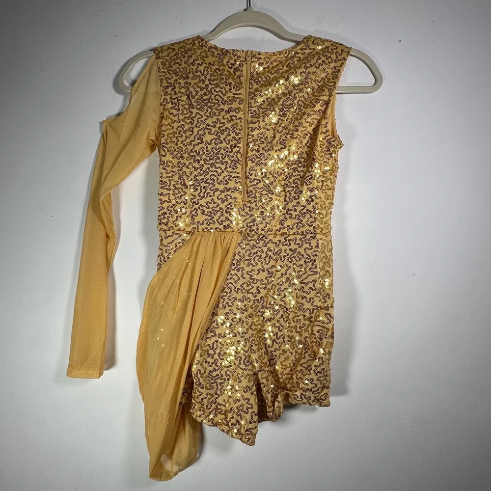 Alexandra Collection Gold Sequin Dance Romper One Sleeve Costume‎ Girls 14